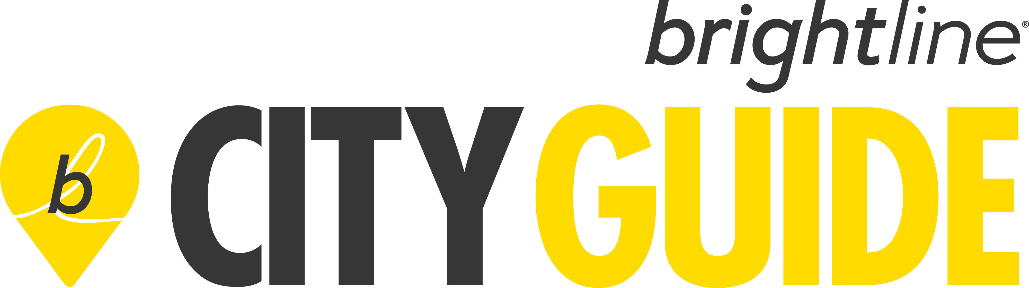 Black and yellow text Brightline City Guide logo